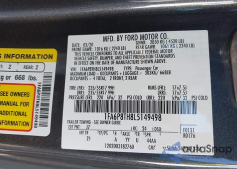 2020 Ford Mustang Ecoboost Fastback from USA, damaged, VIN 1FA6P8TH8L5149498